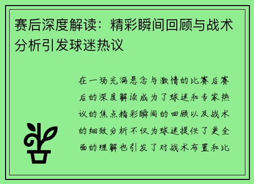 赛后深度解读：精彩瞬间回顾与战术分析引发球迷热议