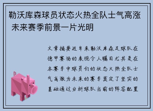 勒沃库森球员状态火热全队士气高涨 未来赛季前景一片光明