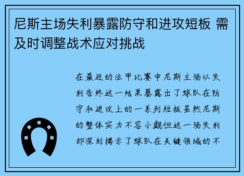 尼斯主场失利暴露防守和进攻短板 需及时调整战术应对挑战
