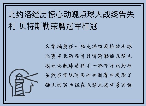 北约洛经历惊心动魄点球大战终告失利 贝特斯勒荣膺冠军桂冠