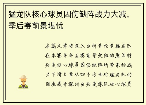 猛龙队核心球员因伤缺阵战力大减，季后赛前景堪忧