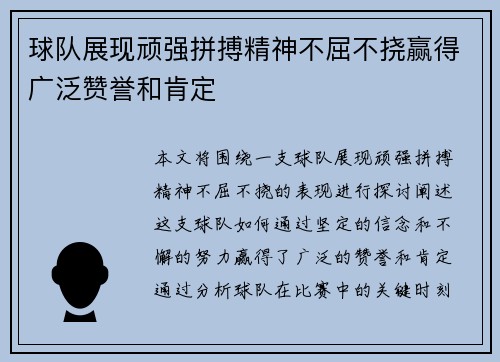 球队展现顽强拼搏精神不屈不挠赢得广泛赞誉和肯定