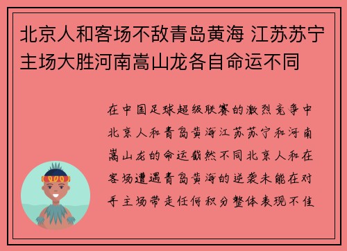 北京人和客场不敌青岛黄海 江苏苏宁主场大胜河南嵩山龙各自命运不同