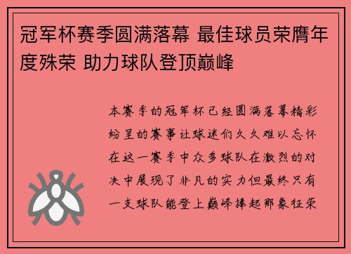 冠军杯赛季圆满落幕 最佳球员荣膺年度殊荣 助力球队登顶巅峰