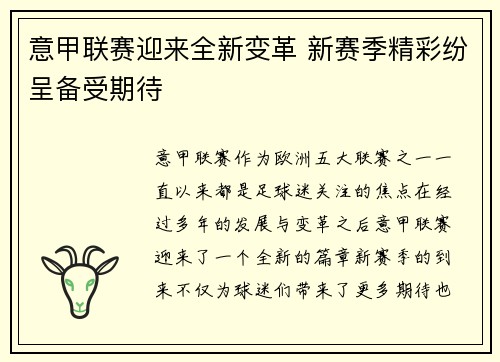意甲联赛迎来全新变革 新赛季精彩纷呈备受期待