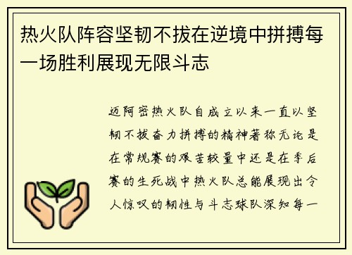 热火队阵容坚韧不拔在逆境中拼搏每一场胜利展现无限斗志